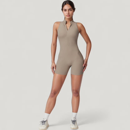 Anna-Kaci Active Women's Sleeveless Zip Front Activewear Romper with Open Back and Contoured Fit