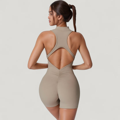 Anna-Kaci Active Women's Sleeveless Zip Front Activewear Romper with Open Back and Contoured Fit