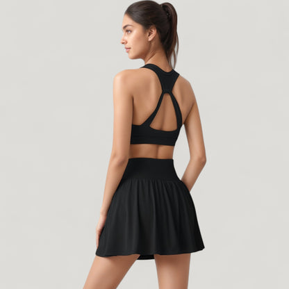 Anna-Kaci Women's High Waist Pleated Athletic Skirt and Ruched Sports Bra Set with Wide Waistband and Stretch Fit