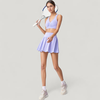 Anna-Kaci Women's High Waist Pleated Athletic Skirt and Ruched Sports Bra Set with Wide Waistband and Stretch Fit