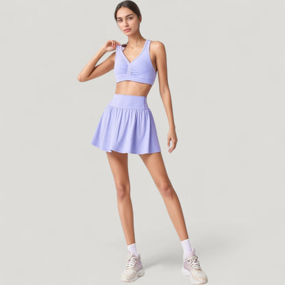 Anna-Kaci Women's High Waist Pleated Athletic Skirt and Ruched Sports Bra Set with Wide Waistband and Stretch Fit