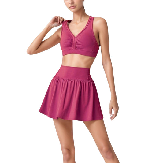 Anna-Kaci Women's High Waist Pleated Athletic Skirt and Ruched Sports Bra Set with Wide Waistband and Stretch Fit