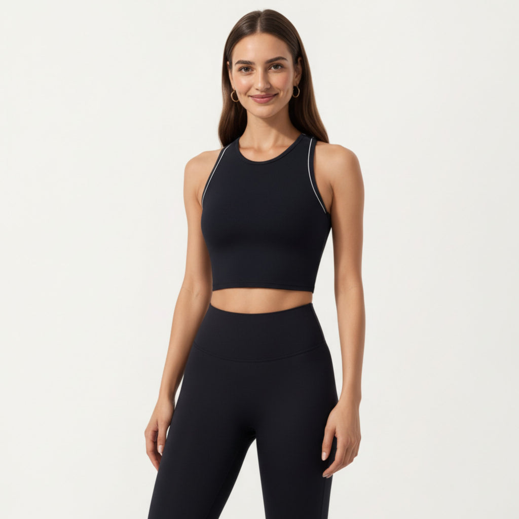 Anna-Kaci Active Women's Sleeveless Cropped Fitted Active Tank Top with Contrast Trim and Smooth Stretch Fabric