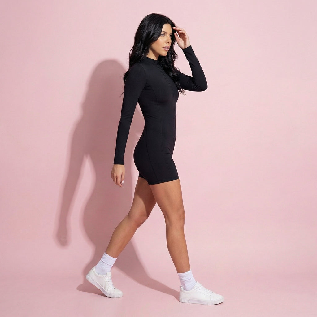Anna-Kaci Active Women's Long Sleeve Fitted Active Romper with Front Half Zip and Stretch One-Piece Design