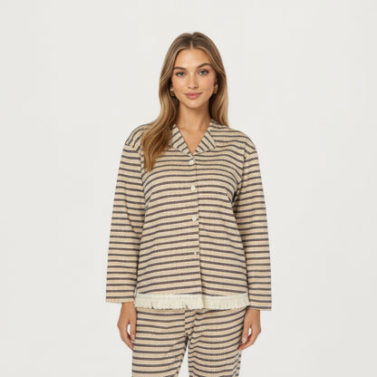 Anna-Kaci Lounge Women's 2-Piece Set Long Sleeve Button Front Top with Built-In Chest Pads and Relaxed Fit Pants Pajama Set
