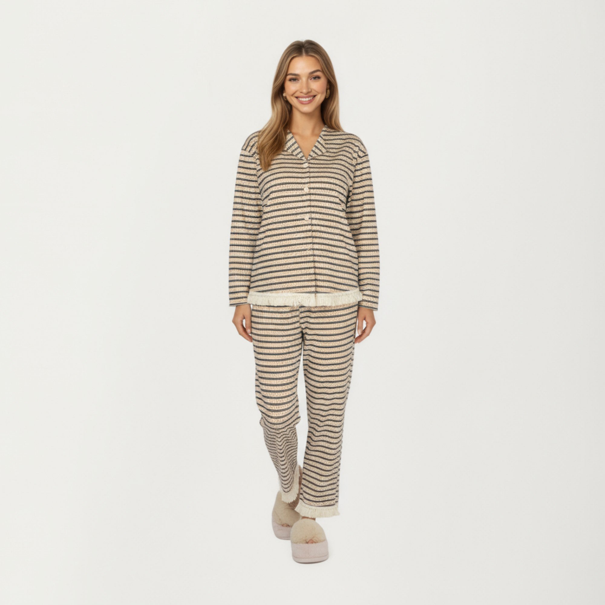 Anna-Kaci Lounge Women's 2-Piece Set Long Sleeve Button Front Top with Built-In Chest Pads and Relaxed Fit Pants Pajama Set