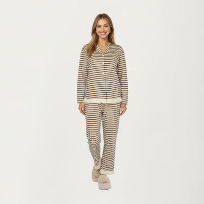 Anna-Kaci Lounge Women's 2-Piece Set Long Sleeve Button Front Top with Built-In Chest Pads and Relaxed Fit Pants Pajama Set