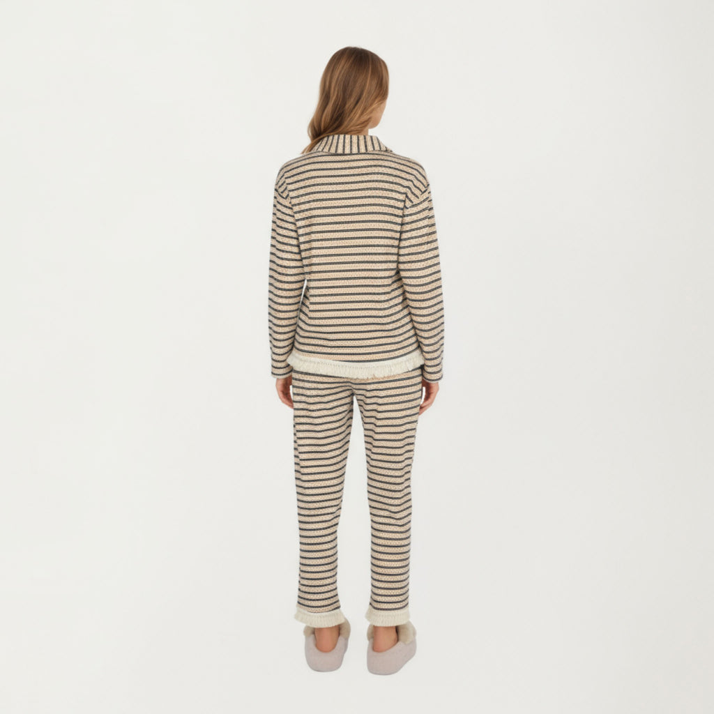 Anna-Kaci Lounge Women's 2-Piece Set Long Sleeve Button Front Top with Built-In Chest Pads and Relaxed Fit Pants Pajama Set