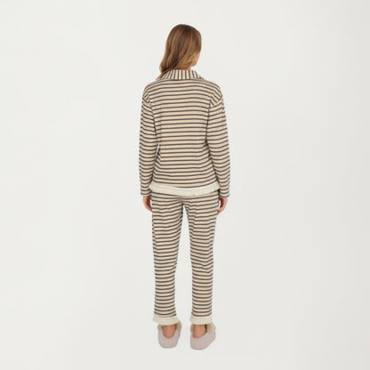Anna-Kaci Lounge Women's 2-Piece Set Long Sleeve Button Front Top with Built-In Chest Pads and Relaxed Fit Pants Pajama Set
