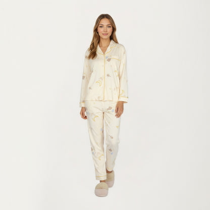 Anna-Kaci Lounge Women's 2-Piece Set Long Sleeve Button Front Top and Relaxed Fit Pants Pajama Set with Moon and Star Print