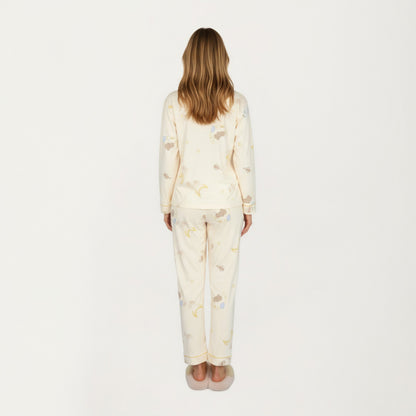Anna-Kaci Lounge Women's 2-Piece Set Long Sleeve Button Front Top and Relaxed Fit Pants Pajama Set with Moon and Star Print