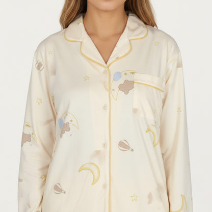 Anna-Kaci Lounge Women's 2-Piece Set Long Sleeve Button Front Top and Relaxed Fit Pants Pajama Set with Moon and Star Print