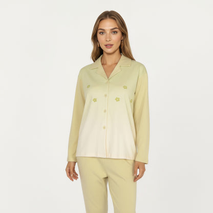 Anna-Kaci Lounge Women's 2-Piece Set Long Sleeve Button Front Top and Relaxed Fit Pants Pajama Set with Minimalist Floral Detail