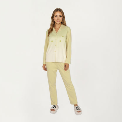 Anna-Kaci Lounge Women's 2-Piece Set Long Sleeve Button Front Top and Relaxed Fit Pants Pajama Set with Minimalist Floral Detail