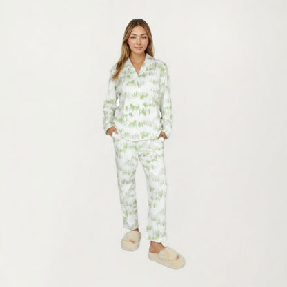 Anna-Kaci Lounge Women's 2-Piece Set Long Sleeve Button Front Top with Built-In Chest Pads and Relaxed Fit Pants Pajama Set with Brushstroke Print