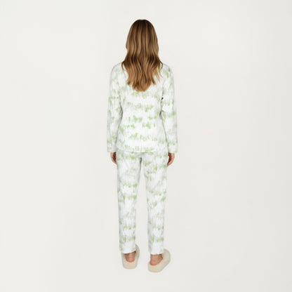 Anna-Kaci Lounge Women's 2-Piece Set Long Sleeve Button Front Top with Built-In Chest Pads and Relaxed Fit Pants Pajama Set with Brushstroke Print