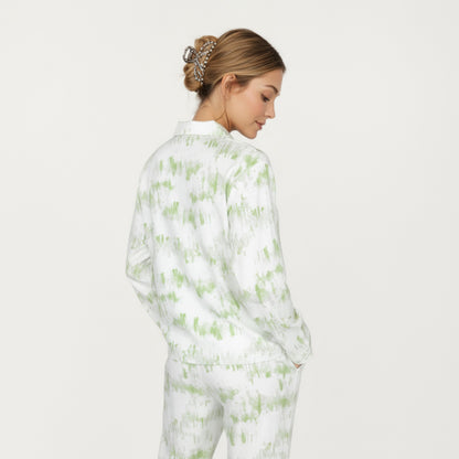 Anna-Kaci Lounge Women's 2-Piece Set Long Sleeve Button Front Top with Built-In Chest Pads and Relaxed Fit Pants Pajama Set with Brushstroke Print