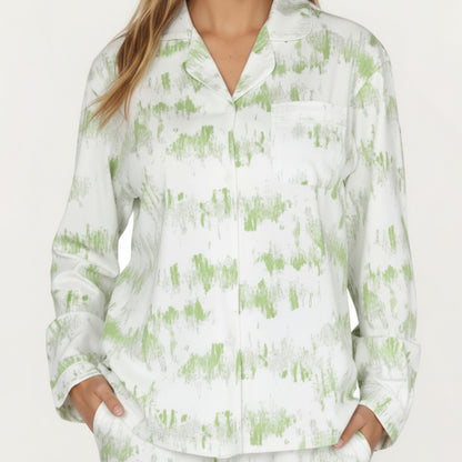 Anna-Kaci Lounge Women's 2-Piece Set Long Sleeve Button Front Top with Built-In Chest Pads and Relaxed Fit Pants Pajama Set with Brushstroke Print