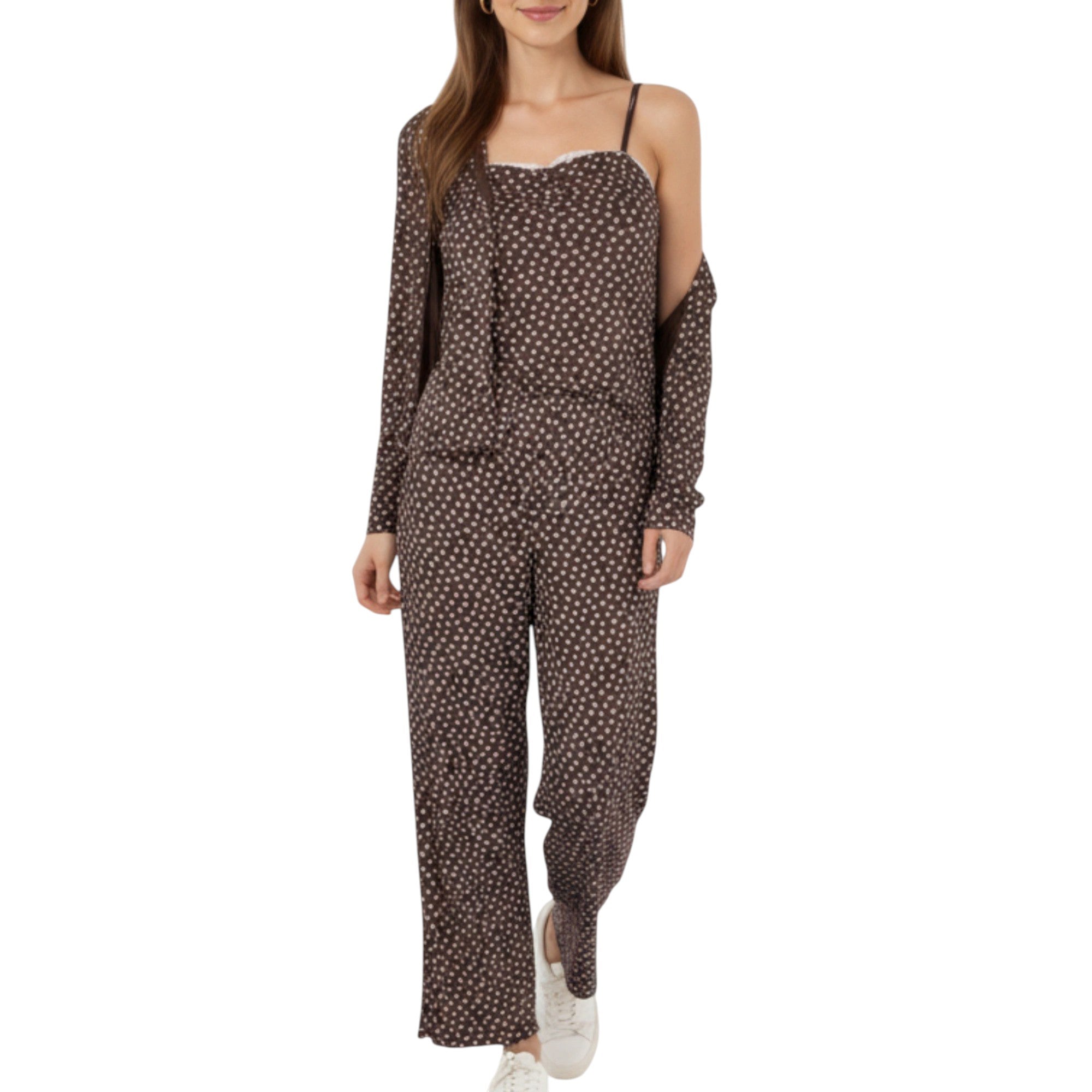 Anna-Kaci Lounge Women's 3-Piece Set Long Sleeve Padded Button Top, Camisole, and Relaxed Fit Pants Pajama Set with Soft Knit Fabric