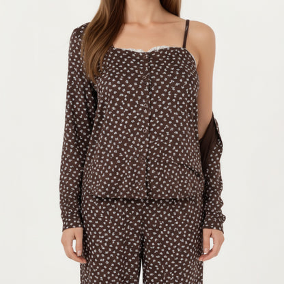 Anna-Kaci Lounge Women's 3-Piece Set Long Sleeve Padded Button Top, Camisole, and Relaxed Fit Pants Pajama Set with Soft Knit Fabric