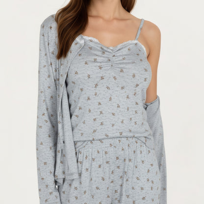 Anna-Kaci Lounge Women's 3-Piece Set Long Sleeve Padded Button Top, Camisole, and Relaxed Fit Pants Pajama Set with Soft Knit Fabric