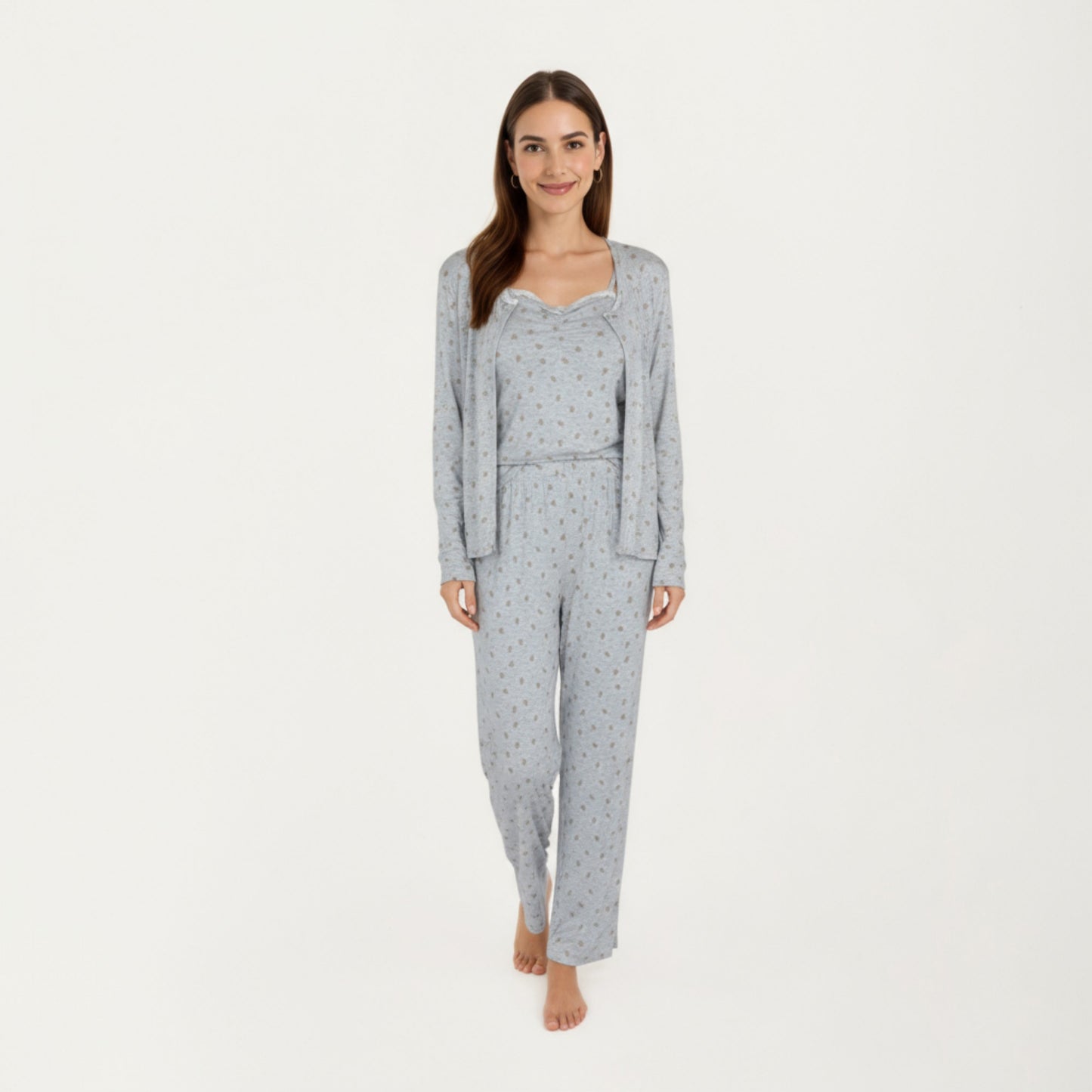 Anna-Kaci Lounge Women's 3-Piece Set Long Sleeve Padded Button Top, Camisole, and Relaxed Fit Pants Pajama Set with Soft Knit Fabric