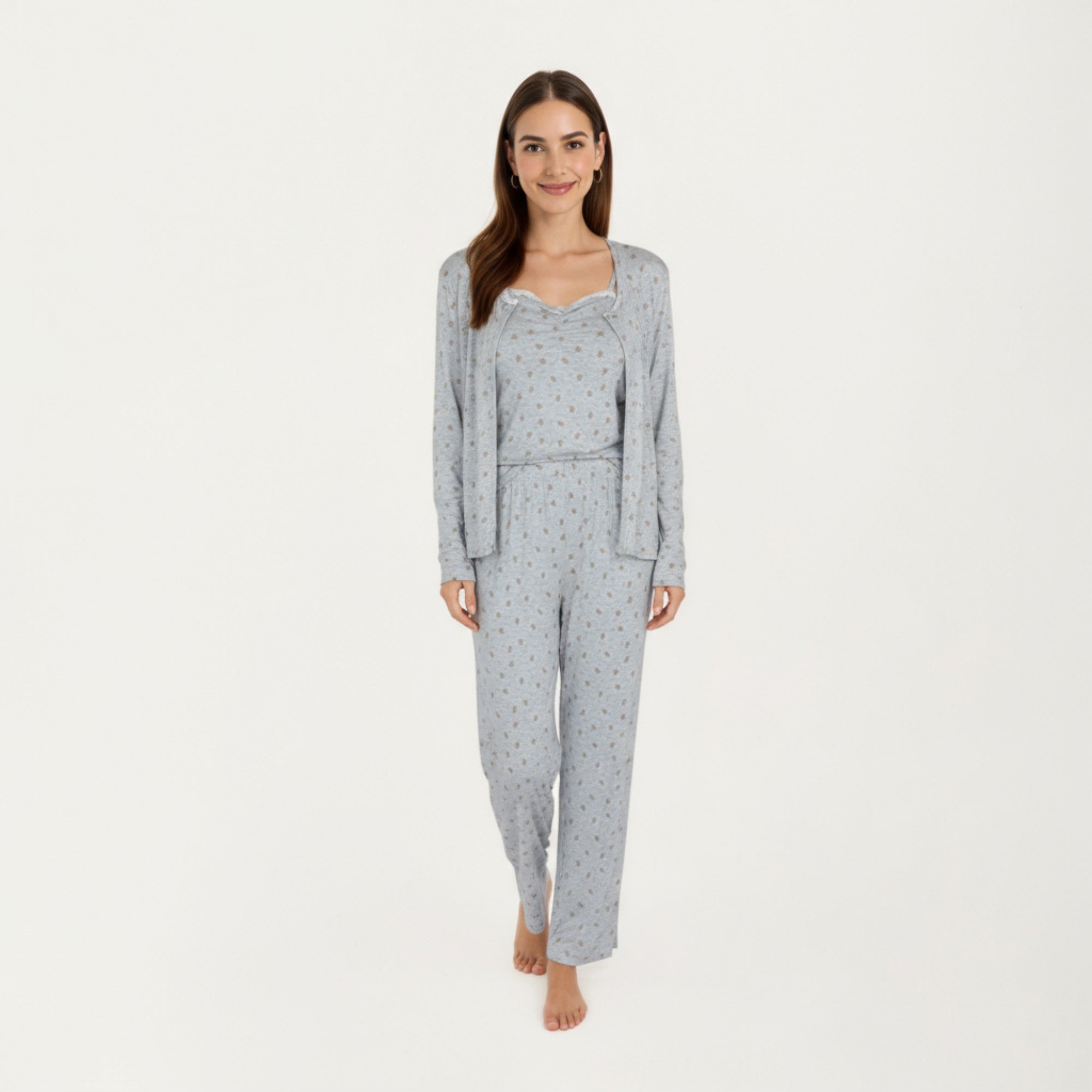 Anna-Kaci Lounge Women's 3-Piece Set Long Sleeve Padded Button Top, Camisole, and Relaxed Fit Pants Pajama Set with Soft Knit Fabric