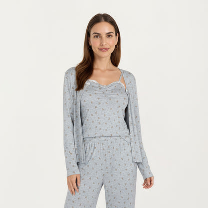 Anna-Kaci Lounge Women's 3-Piece Set Long Sleeve Padded Button Top, Camisole, and Relaxed Fit Pants Pajama Set with Soft Knit Fabric