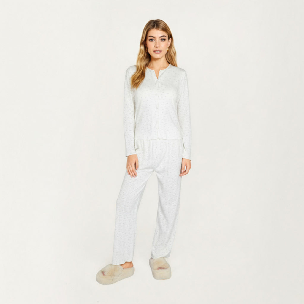 Anna-Kaci Lounge Women's 2-Piece Set Long Sleeve Button Front Top with Built-In Chest Pads and Relaxed Fit Pants Pajama Set in Soft Textured Fabric