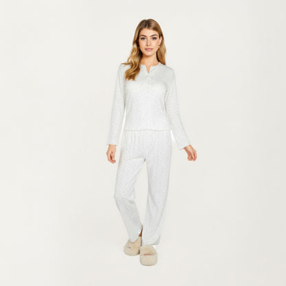 Anna-Kaci Lounge Women's 2-Piece Set Long Sleeve Button Front Top with Built-In Chest Pads and Relaxed Fit Pants Pajama Set in Soft Textured Fabric