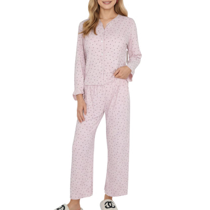 Anna-Kaci Lounge Women's 2-Piece Set Long Sleeve Button Front Top with Built-In Chest Pads and Relaxed Fit Pants Pajama Set in Soft Textured Fabric