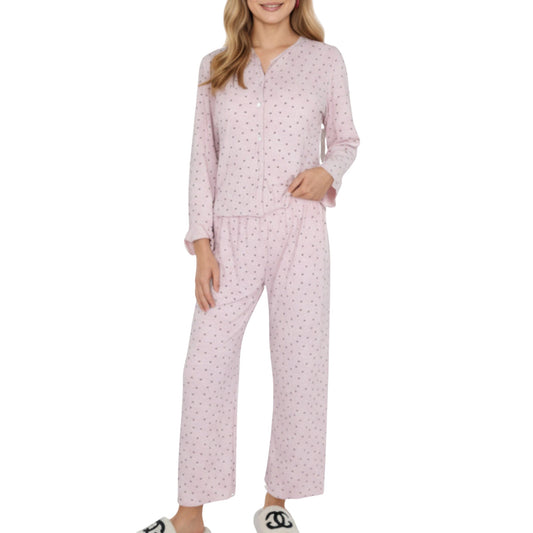 Anna-Kaci Lounge Women's 2-Piece Set Long Sleeve Button Front Top with Built-In Chest Pads and Relaxed Fit Pants Pajama Set in Soft Textured Fabric