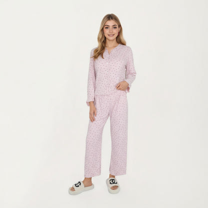 Anna-Kaci Lounge Women's 2-Piece Set Long Sleeve Button Front Top with Built-In Chest Pads and Relaxed Fit Pants Pajama Set in Soft Textured Fabric
