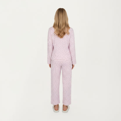 Anna-Kaci Lounge Women's 2-Piece Set Long Sleeve Button Front Top with Built-In Chest Pads and Relaxed Fit Pants Pajama Set in Soft Textured Fabric