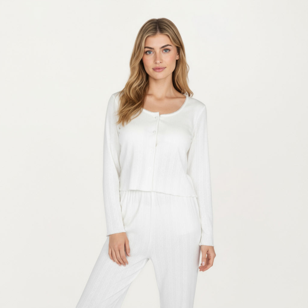 Anna-Kaci Lounge Women's 2-Piece Set Long Sleeve Button Front Top with Built-In Chest Pads and Relaxed Fit Pants Pajama Set in Soft Knit Fabric