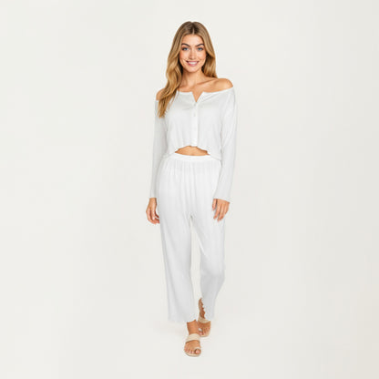 Anna-Kaci Lounge Women's 2-Piece Set Long Sleeve Button Front Top with Built-In Chest Pads and Relaxed Fit Pants Pajama Set in Soft Knit Fabric