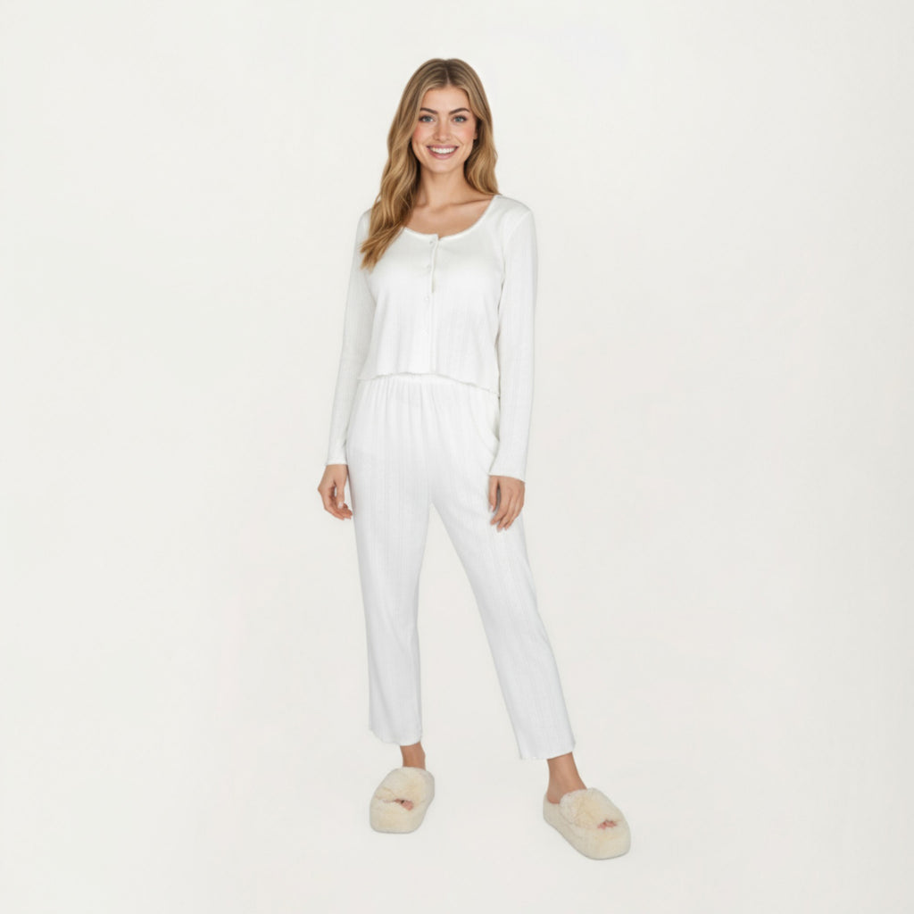 Anna-Kaci Lounge Women's 2-Piece Set Long Sleeve Button Front Top with Built-In Chest Pads and Relaxed Fit Pants Pajama Set in Soft Knit Fabric