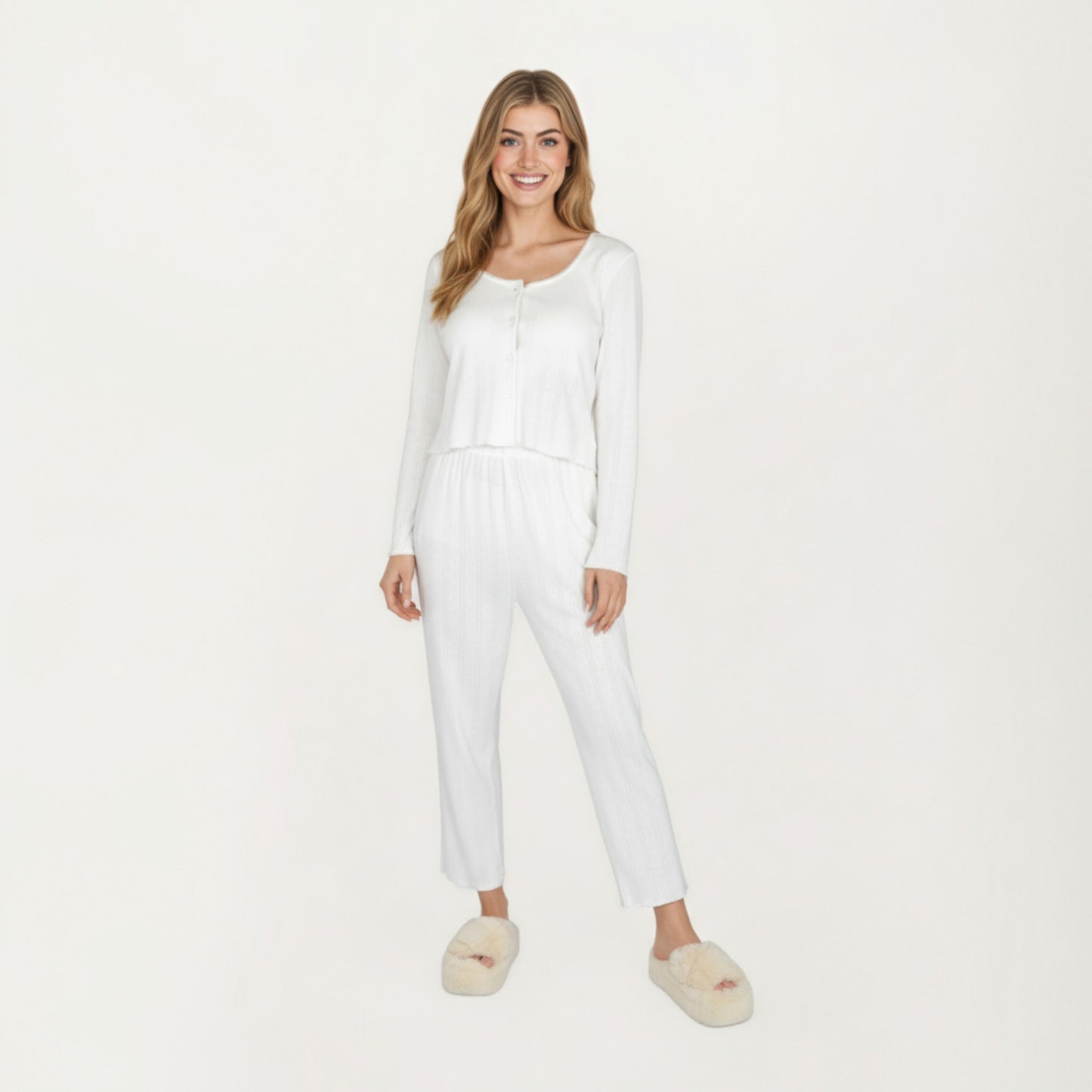 Anna-Kaci Lounge Women's 2-Piece Set Long Sleeve Button Front Top with Built-In Chest Pads and Relaxed Fit Pants Pajama Set in Soft Knit Fabric