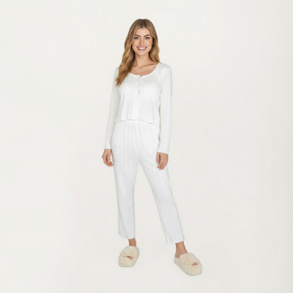 Anna-Kaci Lounge Women's 2-Piece Set Long Sleeve Button Front Top with Built-In Chest Pads and Relaxed Fit Pants Pajama Set in Soft Knit Fabric