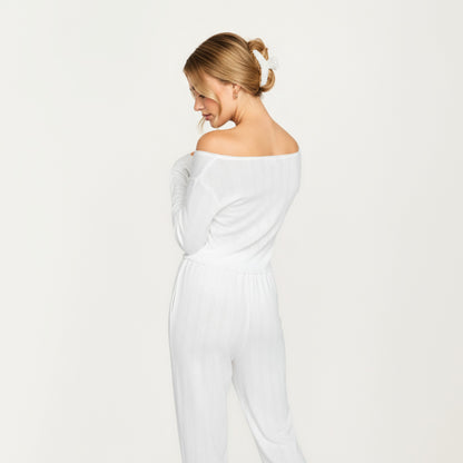 Anna-Kaci Lounge Women's 2-Piece Set Long Sleeve Button Front Top with Built-In Chest Pads and Relaxed Fit Pants Pajama Set in Soft Knit Fabric