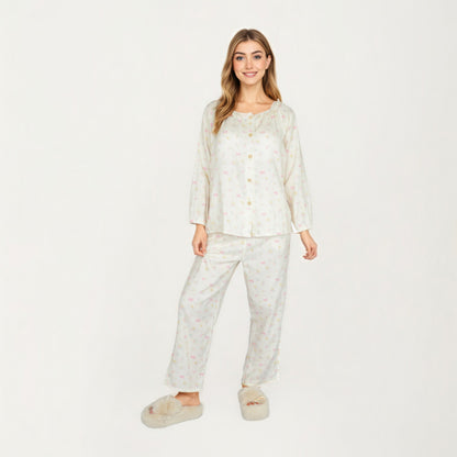 Anna-Kaci Lounge Women's 2-Piece Set Long Sleeve Button Front Top with Built-In Chest Pads and Relaxed Fit Pants Pajama Set with Floral Print