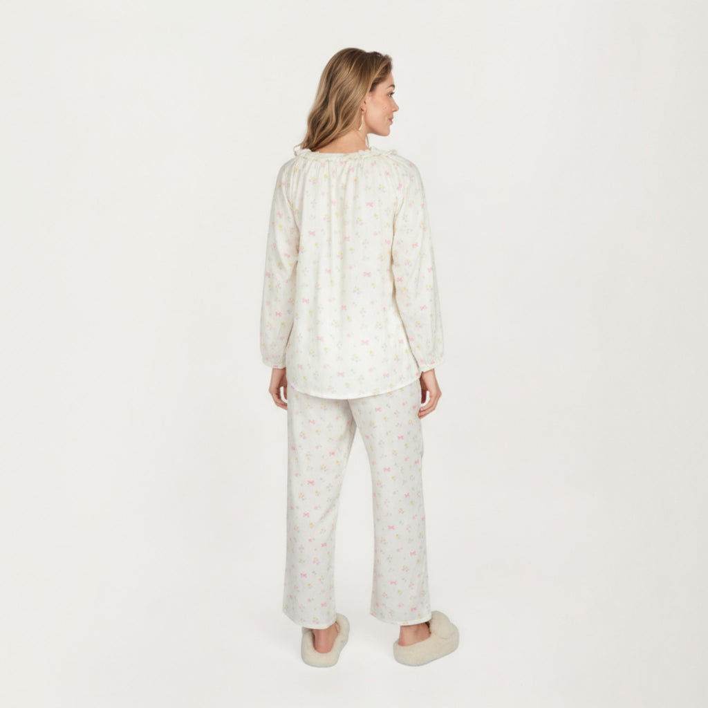 Anna-Kaci Lounge Women's 2-Piece Set Long Sleeve Button Front Top with Built-In Chest Pads and Relaxed Fit Pants Pajama Set with Floral Print