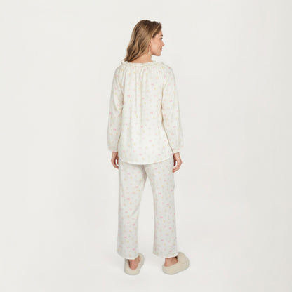 Anna-Kaci Lounge Women's 2-Piece Set Long Sleeve Button Front Top with Built-In Chest Pads and Relaxed Fit Pants Pajama Set with Floral Print