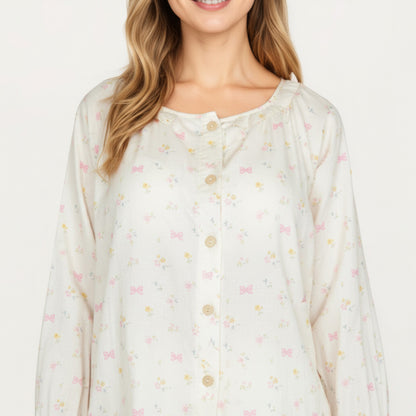 Anna-Kaci Lounge Women's 2-Piece Set Long Sleeve Button Front Top with Built-In Chest Pads and Relaxed Fit Pants Pajama Set with Floral Print