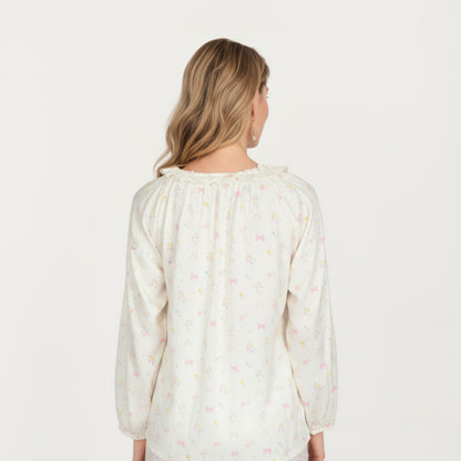 Anna-Kaci Lounge Women's 2-Piece Set Long Sleeve Button Front Top with Built-In Chest Pads and Relaxed Fit Pants Pajama Set with Floral Print