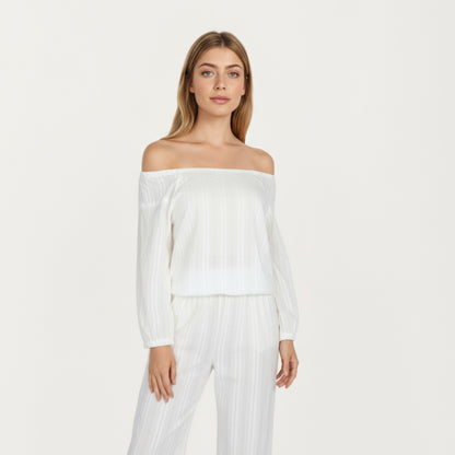 Anna-Kaci Lounge Women's 2-Piece Set Long Sleeve Gathered Neckline Top and Relaxed Fit Pants Pajama Set in Lightweight Fabric
