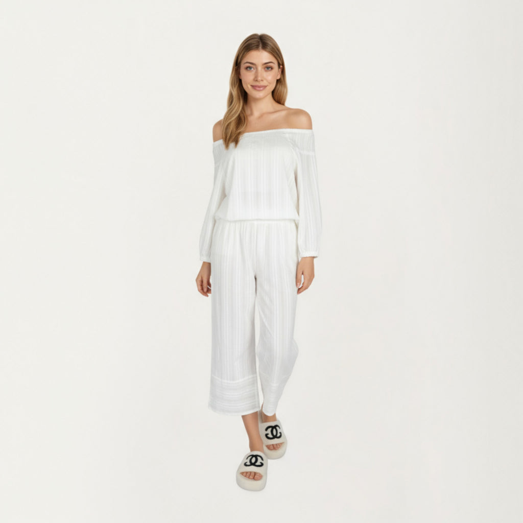 Anna-Kaci Lounge Women's 2-Piece Set Long Sleeve Gathered Neckline Top and Relaxed Fit Pants Pajama Set in Lightweight Fabric