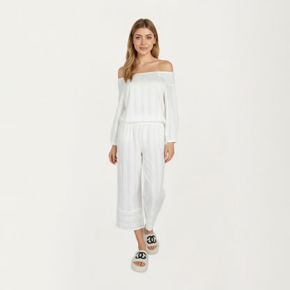 Anna-Kaci Lounge Women's 2-Piece Set Long Sleeve Gathered Neckline Top and Relaxed Fit Pants Pajama Set in Lightweight Fabric
