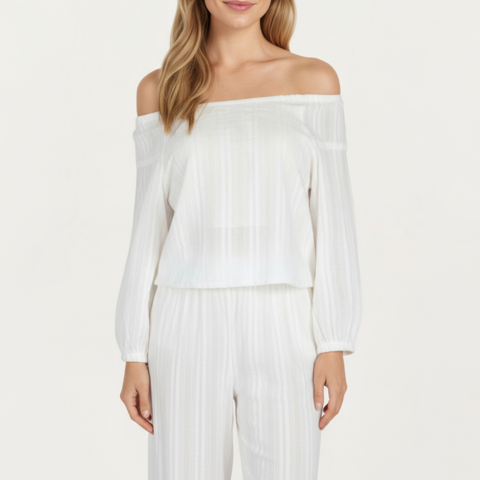 Anna-Kaci Lounge Women's 2-Piece Set Long Sleeve Gathered Neckline Top and Relaxed Fit Pants Pajama Set in Lightweight Fabric