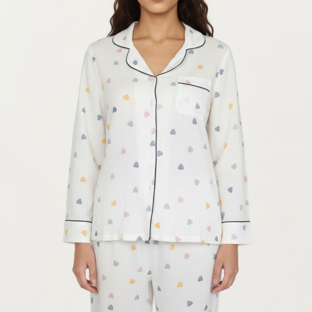 Anna-Kaci Lounge Women's 2-Piece Set Long Sleeve Button Front Top and Relaxed Fit Pants Pajama Set with Heart Print